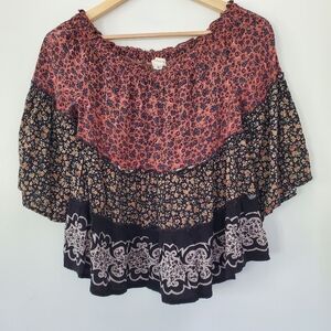 AEROPOSTALE Sz S Off Shoulder Floral Ruffle Top Elastic Neckline 3/4 Bell Boho